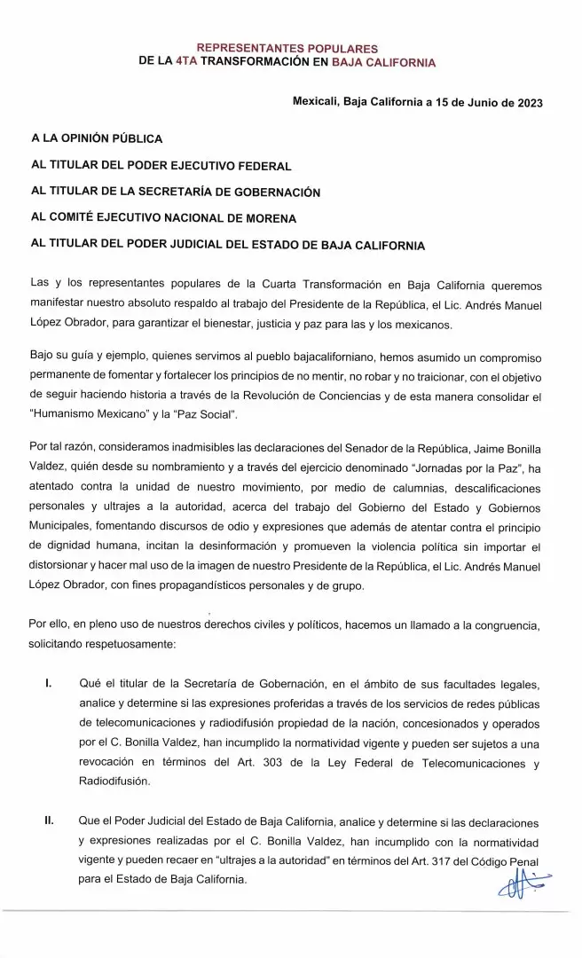 Morenistas de BC piden revisi�n de concesiones de medios a Jaime Bonilla y considerar revocaci�n, por violar ley y ultraje a la autoridad