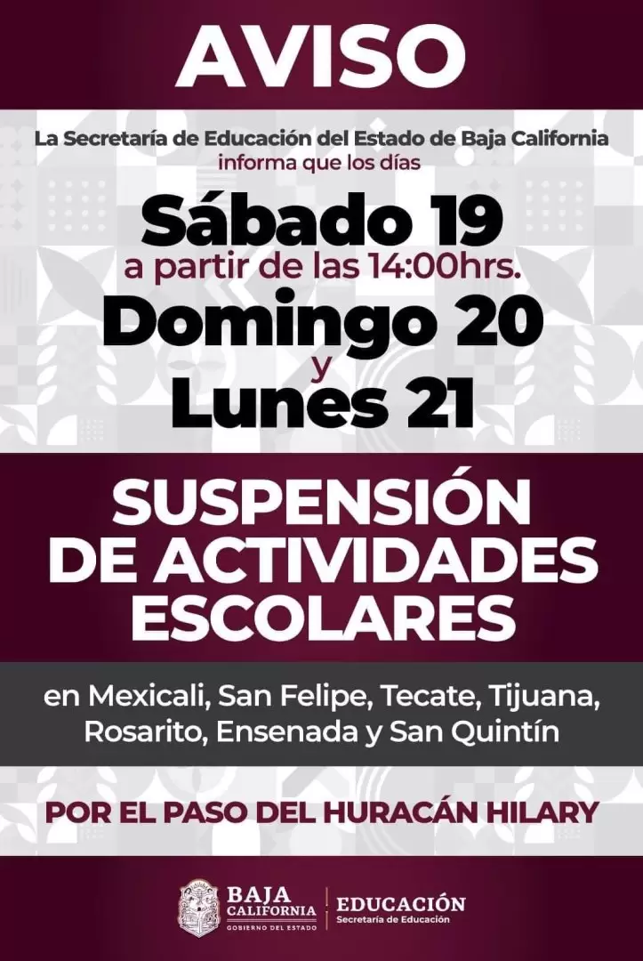 Acuerda Consejo Estatal de PC suspensi�n de clases el pr�ximo lunes 21 de agosto en Baja California
