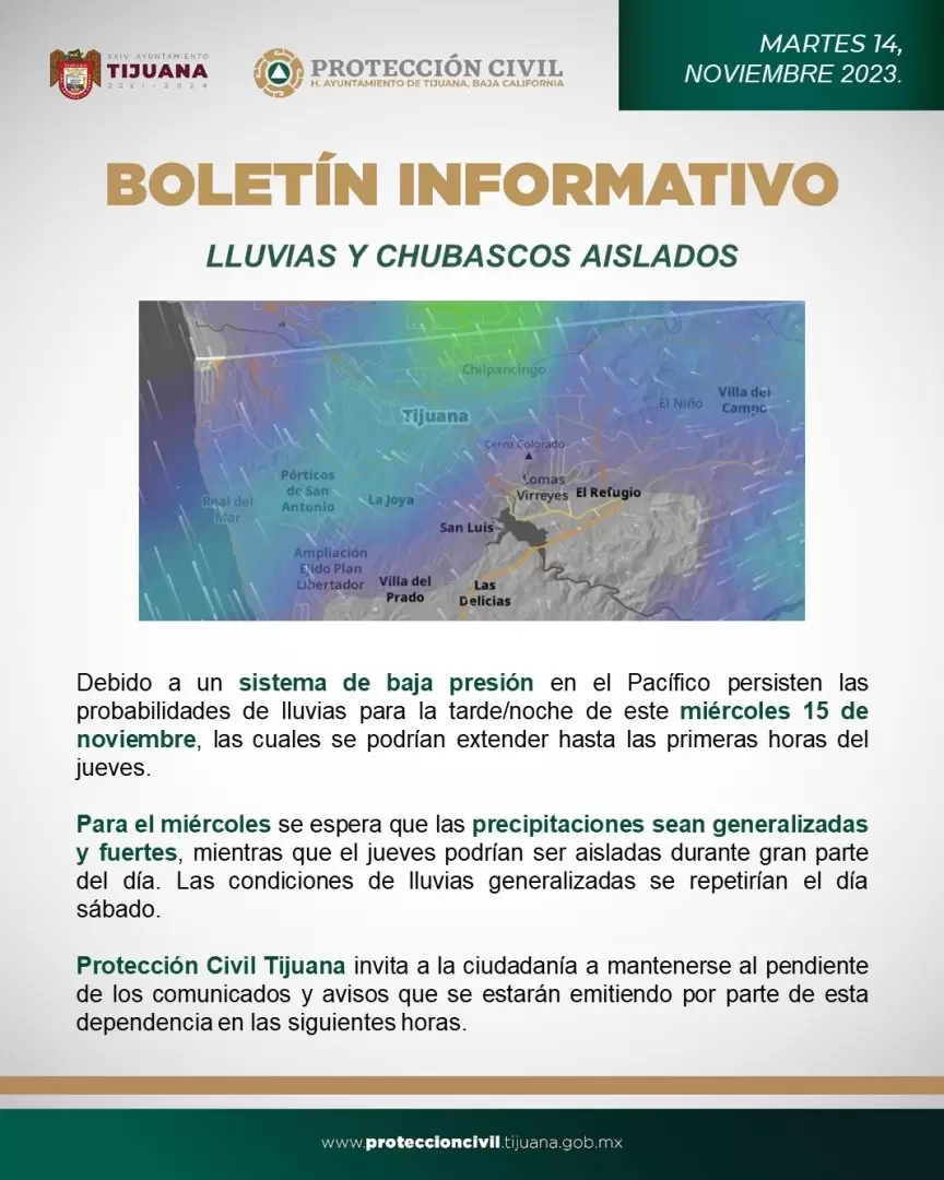 Advierten lluvias fuertes para Tijuana a partir de este mircoles