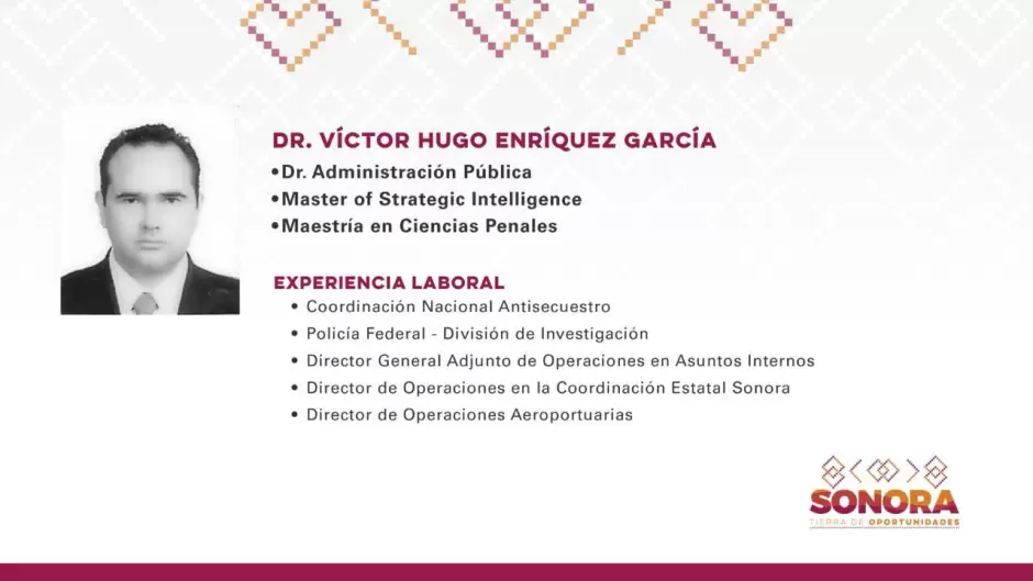V�ctor Hugo Enr�quez Garc�a se ha desempe�ado en varios cargos relacionados con la seguridad p�blica
