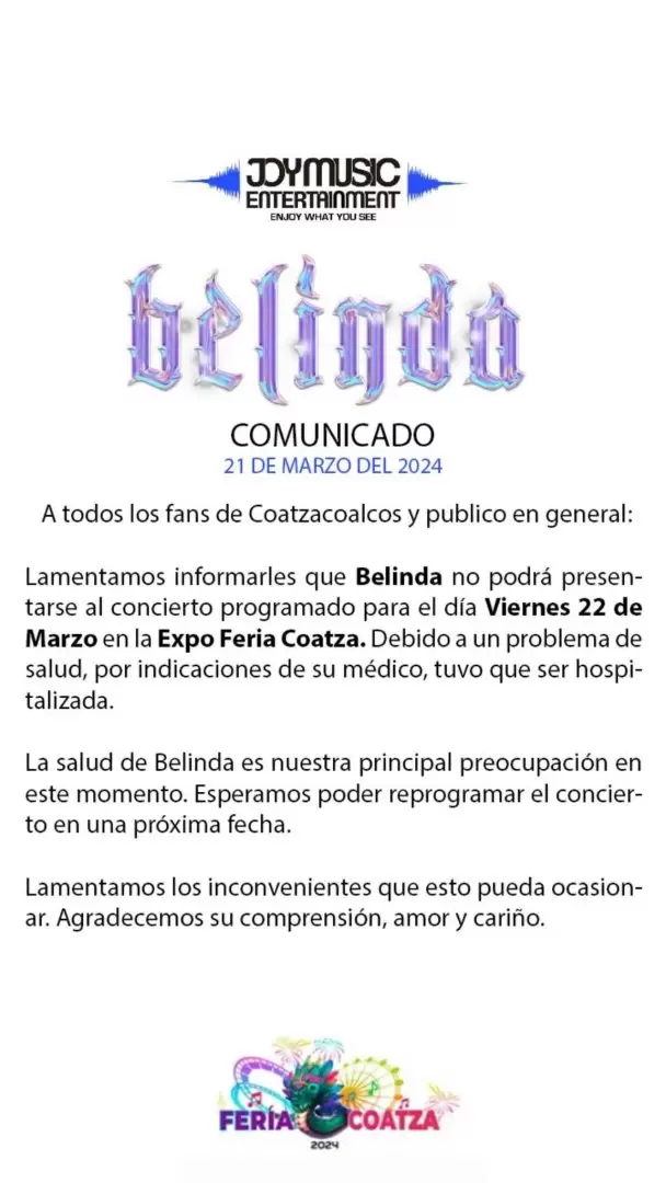 Comunicado sobre la cancelacin del concierto de Belinda