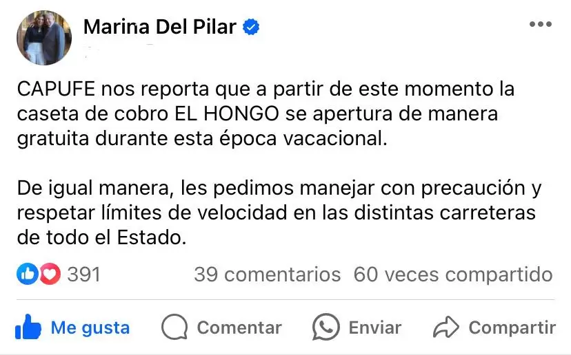 Anuncia Gobernadora Marina del Pilar apertura de caseta El Hongo