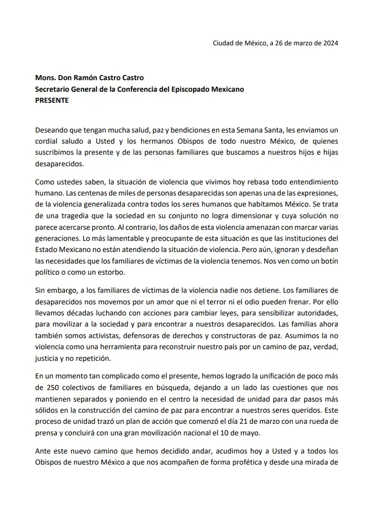 Carta de los colectivos de bsqueda a los obispos de Mxico