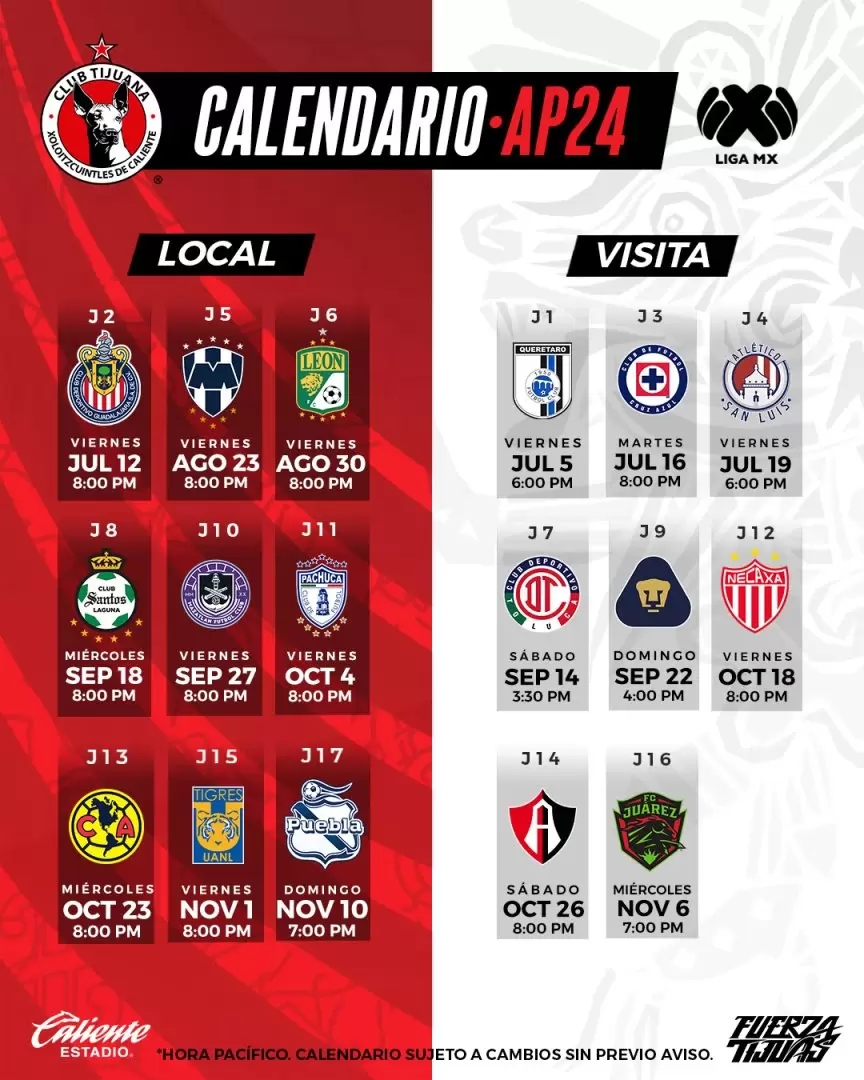Calendario de Xolos para este Apertura 2024