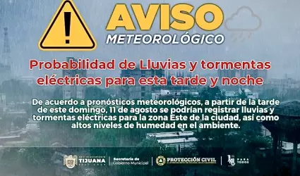 Se esperan lluvias y tormentas el�ctricas en zona Este de Tijuana y Tecate