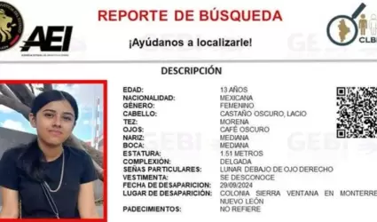 Menor reportada como desaparecida en Nuevo Le�n