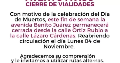 Cierre de vialidades por festividad del D�a de Muertos