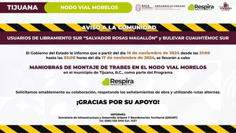 Anuncia SIDURT cierres parciales en Nodo Morelos este s�bado en Tijuana