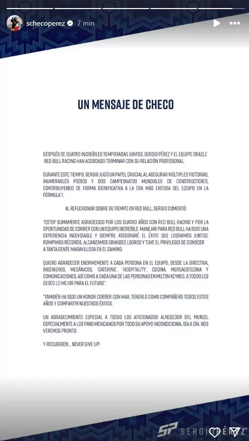 Mensaje de "Checo" P�rez
