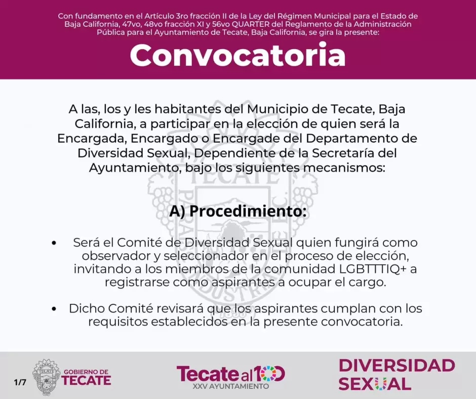 Convocan a participar para la elecci�n de la encargada, encargado o encargade del Departamento de Diversidad Sexual