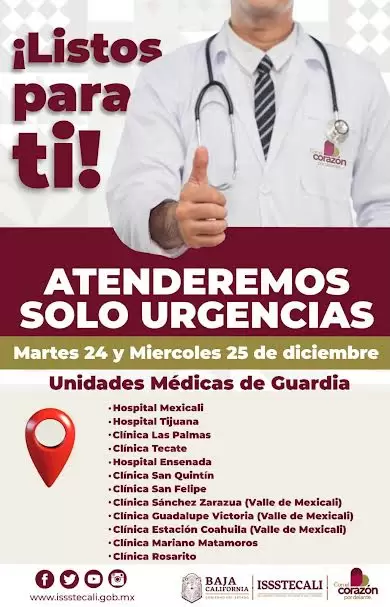 Se atender�n urgencias por d�as inh�biles 24 y 25 diciembre: