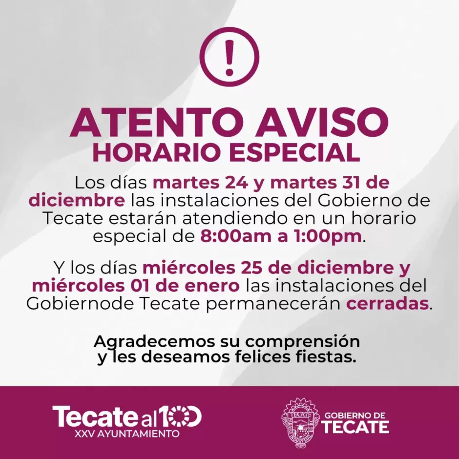 Ajustes en horarios de oficinas durante celebraciones navide�as y fin de a�o
