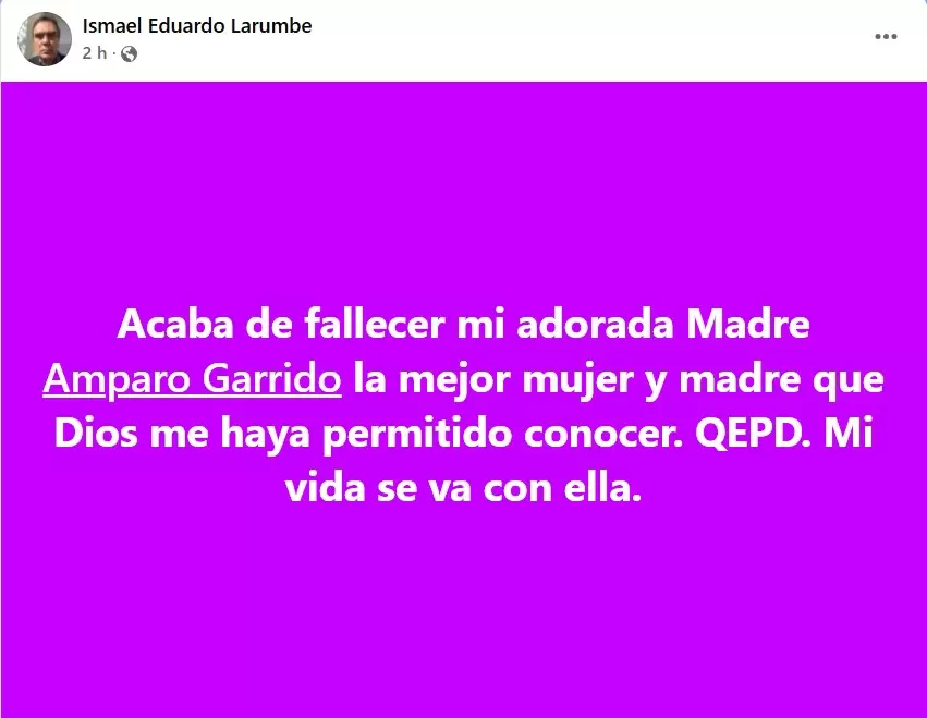 Ismael Eduardo Larumbe, hijo de la actriz Amparo Garrido, confirm� que muri� a los 95 a�os.