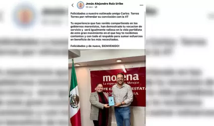 Respalda Ruiz Uribe afiliaci�n de Carlos Torres Torres a Morena