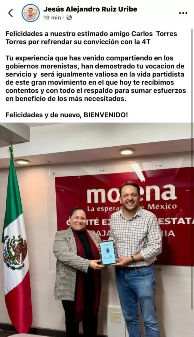 Respalda Ruiz Uribe afiliaci�n de Carlos Torres Torres a Morena