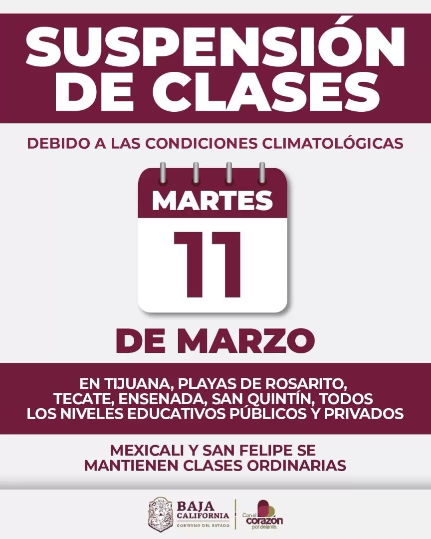 Suspenden clases este martes 11 por condiciones clim�ticas