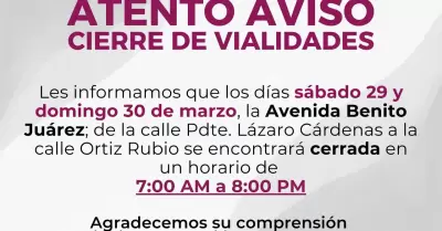 Cierre de vialidad este s�bado y domingo