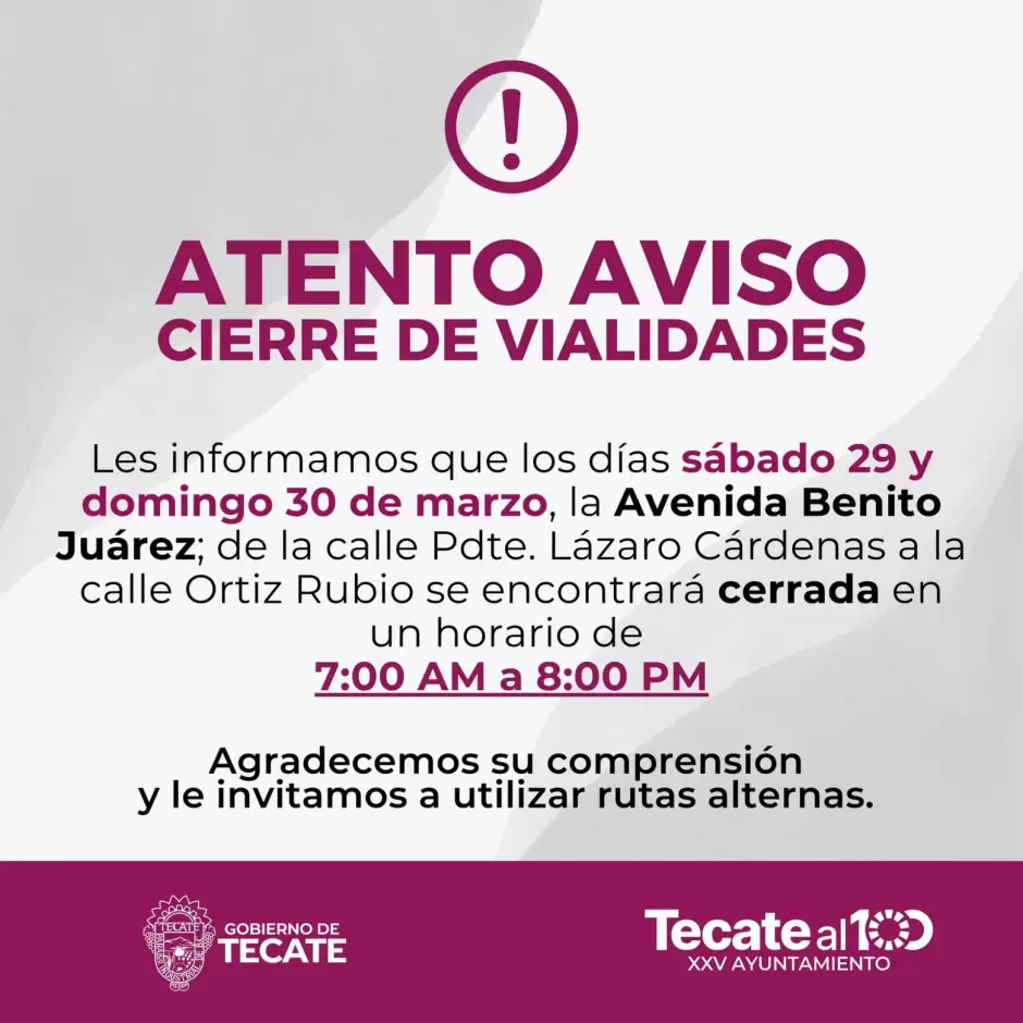 Cierre de vialidad este s�bado y domingo