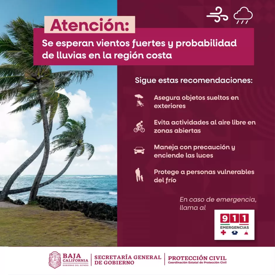 Advierten vientos intensos y probabilidad de lluvias