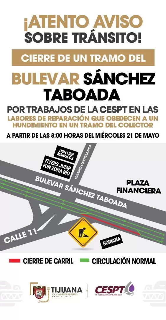 Cierre parcial de un tramo del bulevar S�nchez Taboada y Calle 11 por trabajos de la CESPT