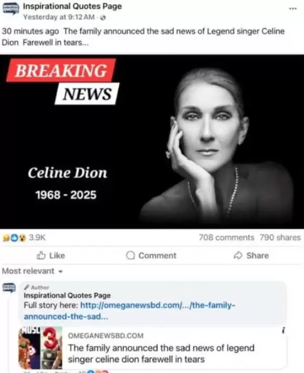 Noticia falsa sobre C�line Dion