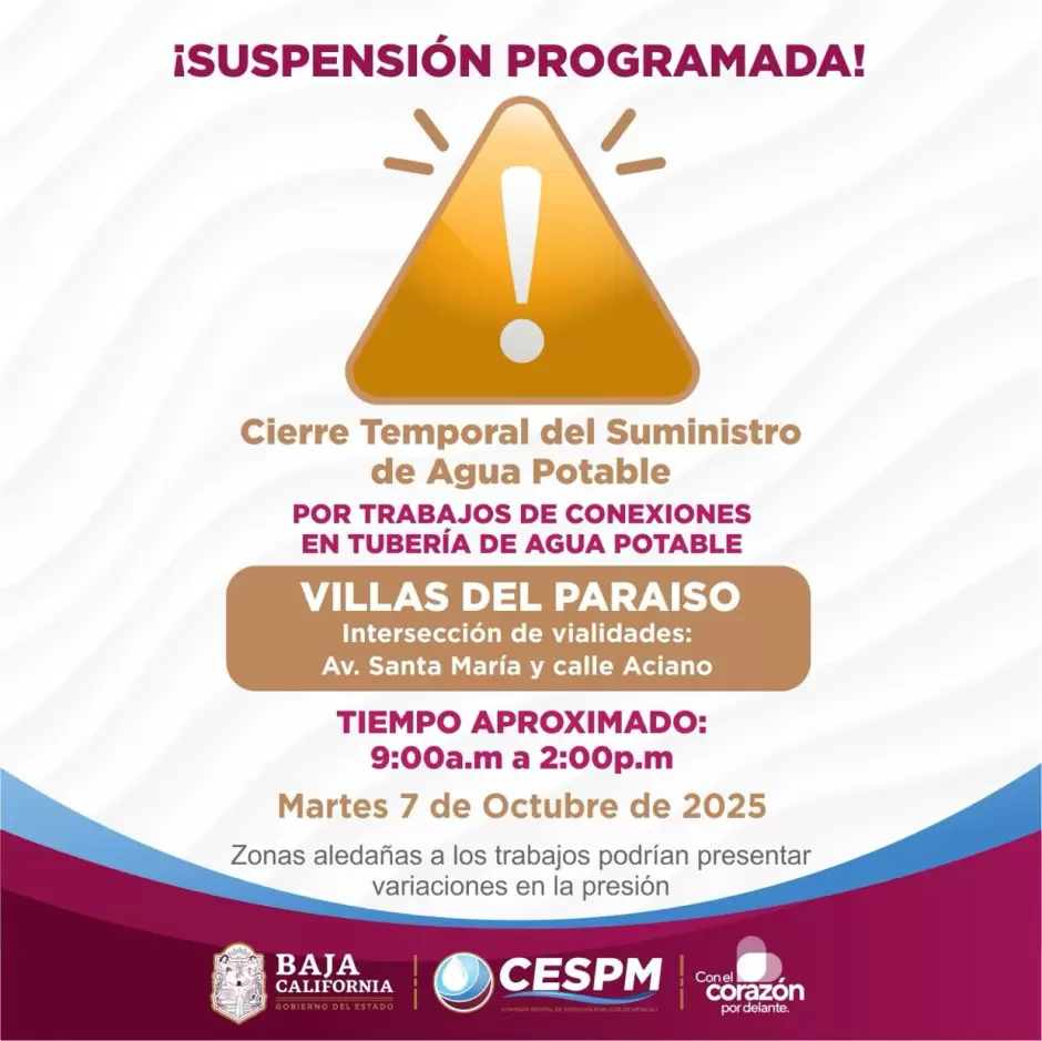 Cierres temporales del servicio de agua potable en Jardines del Lago y Villas del Para�so