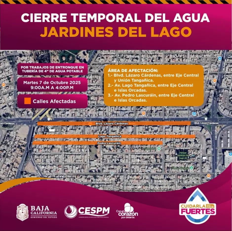 Cierres temporales del servicio de agua potable en Jardines del Lago y Villas del Para�so