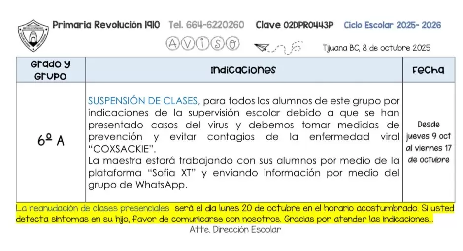 Suspensi�n de clases en BC por brote del virus coxsackie