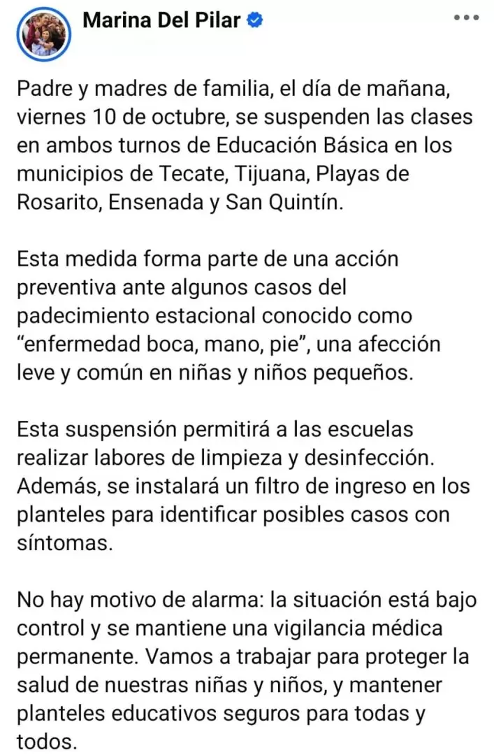 Suspensi�n de clases en BC por brote del virus coxsackie