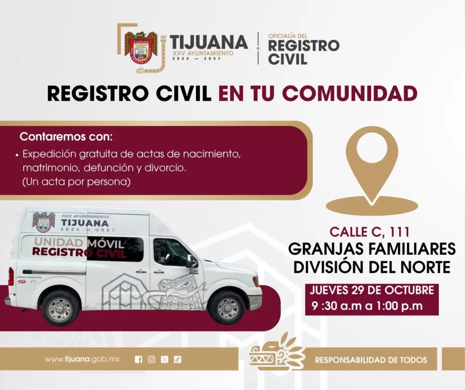 Servicio gratuito de expedici�n de actas a colonia Granjas Familiares