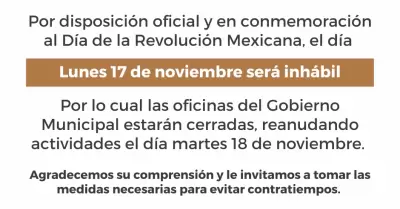 Oficinas estar�n cerradas el pr�ximo lunes 17 de noviembre