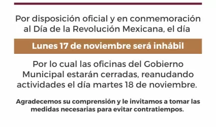 Oficinas estar�n cerradas el pr�ximo lunes 17 de noviembre
