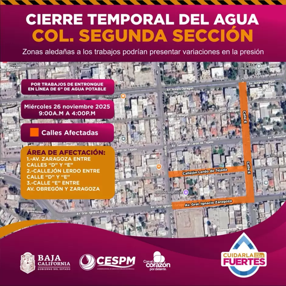 Cierres temporales de agua en Pueblo Nuevo, Segunda Secci�n y San Felipe por trabajos de mejora
