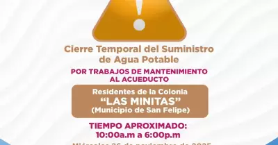 Cierres temporales de agua en Pueblo Nuevo, Segunda Secci�n y San Felipe por tra