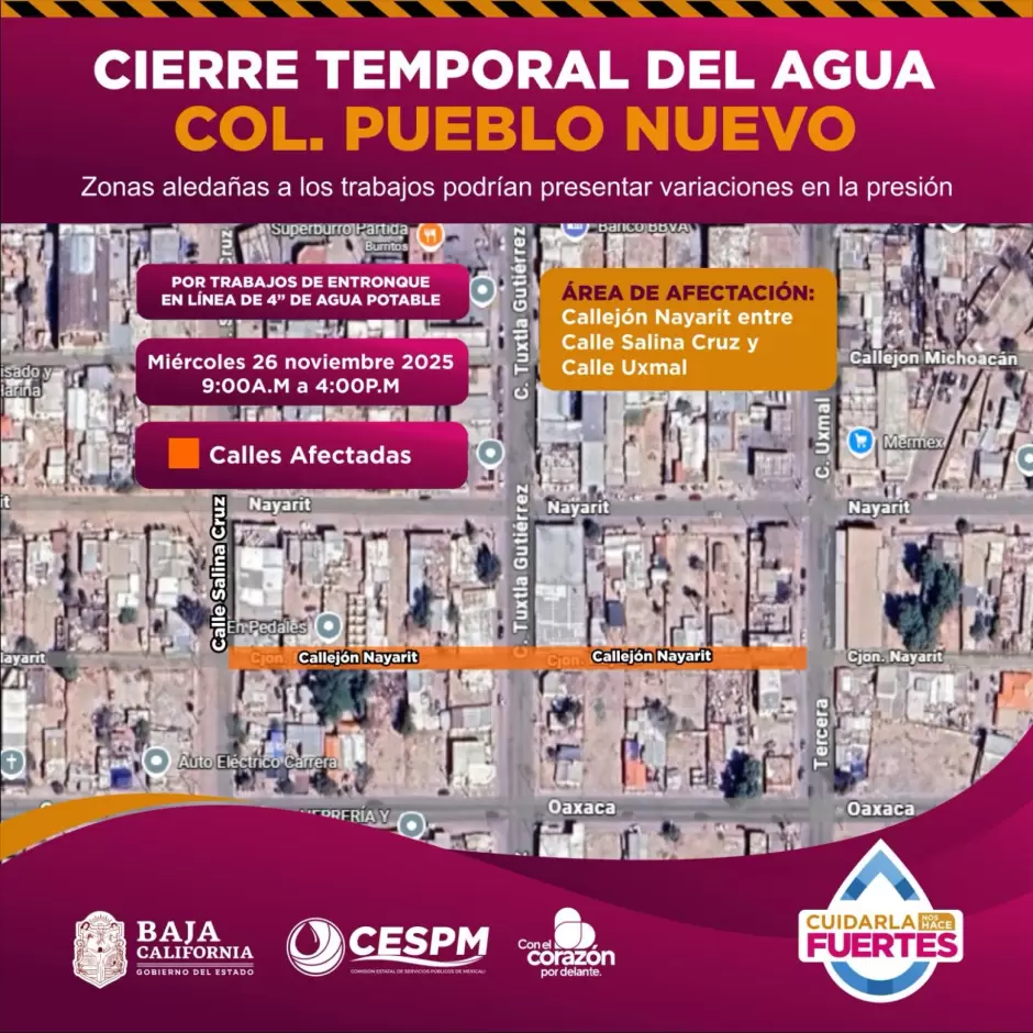 Cierres temporales de agua en Pueblo Nuevo, Segunda Secci�n y San Felipe por trabajos de mejora