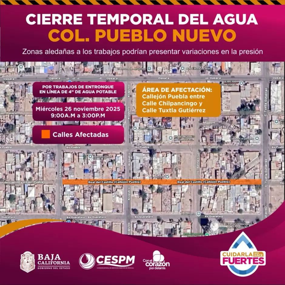 Cierres temporales de agua en Pueblo Nuevo, Segunda Secci�n y San Felipe por trabajos de mejora