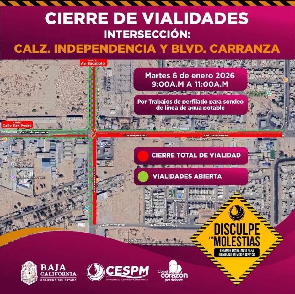 Cierre temporal de vialidades en calzada Independencia y bulevar Carranza