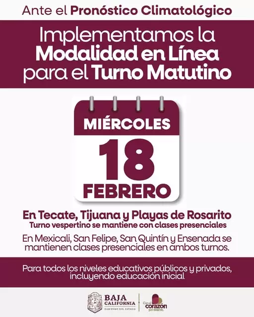 Suspensi�n de clases presenciales en turno matutino de Tijuana, Tecate y Rosarito