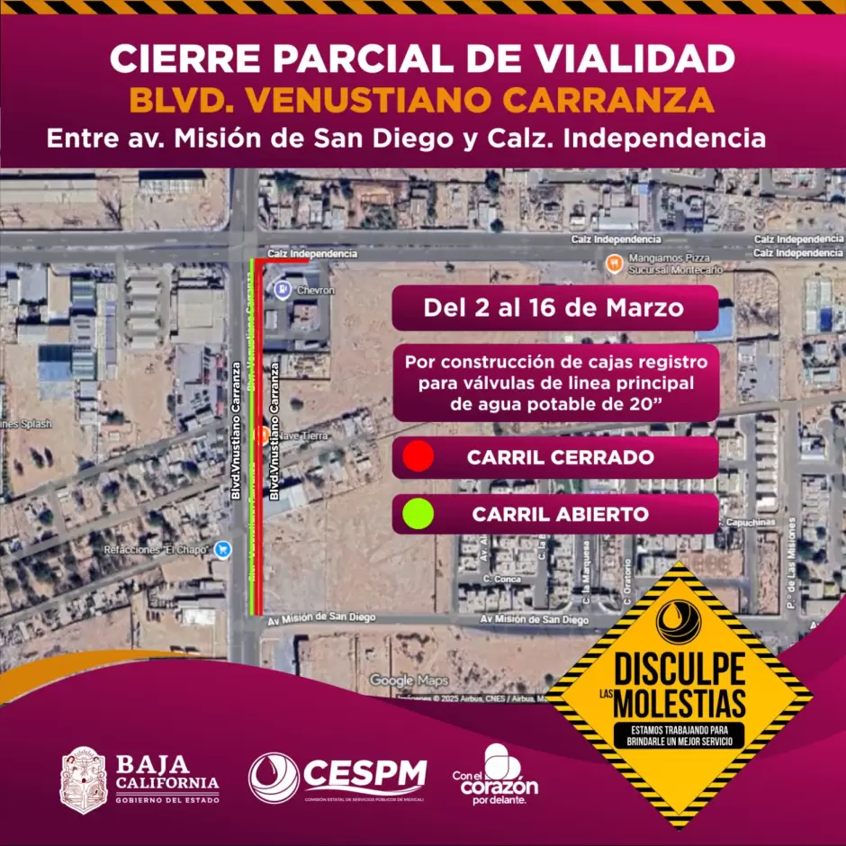 CESPM anuncia cierre parcial de vialidad en bulevar Venustiano Carranza