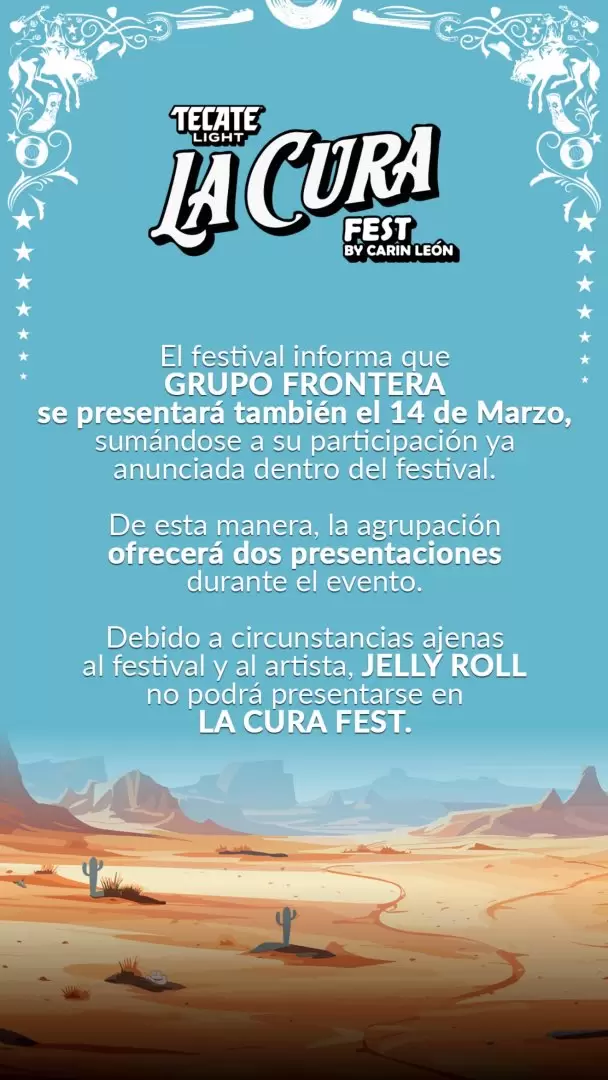 Jelly Roll cancela su presentaci�n en La Cura Fest en Hermosillo; Grupo Frontera lo reemplaza