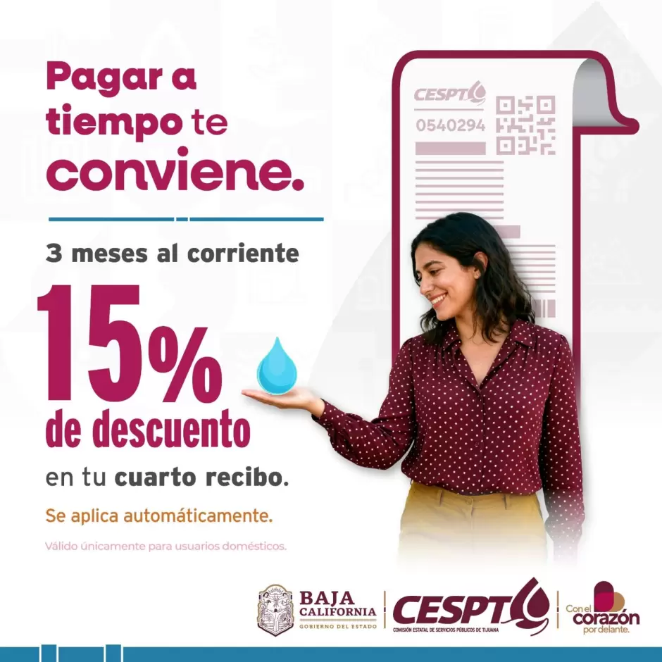 Cespt aplica descuento autom�tico de 15 por ciento a usuarios cumplidos en su recibo de agua