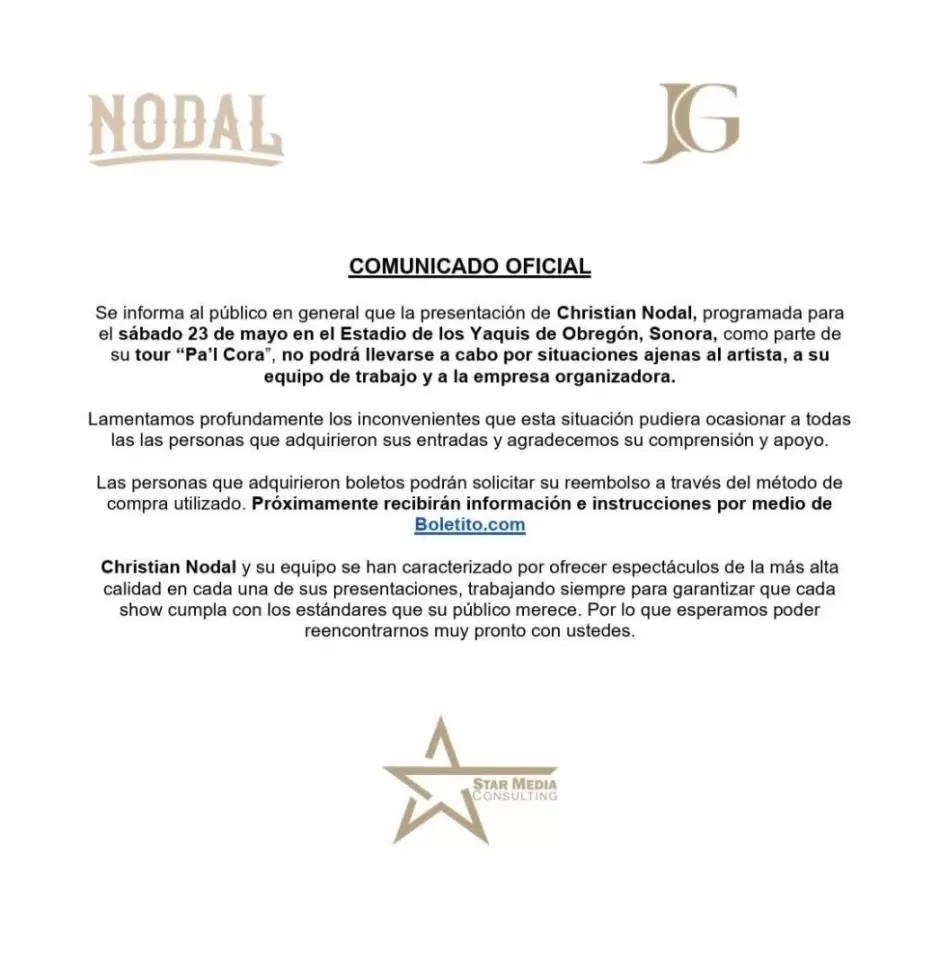 Cancelan concierto de Christian Nodal en Ciudad Obreg�n