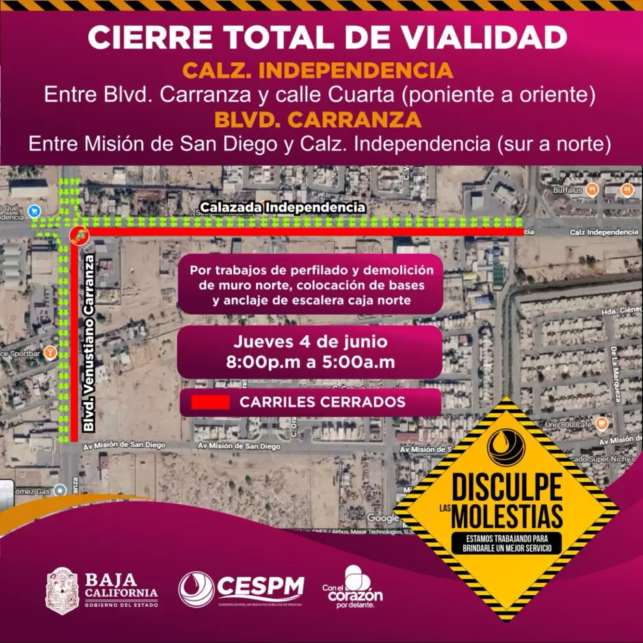 Cierre vial nocturno en calzada Independencia y bulevar Carranza