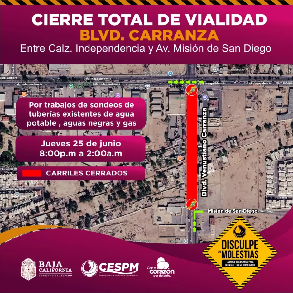 Cierre nocturno en bulevar Carranza por sondeos de infraestructura subterr�nea