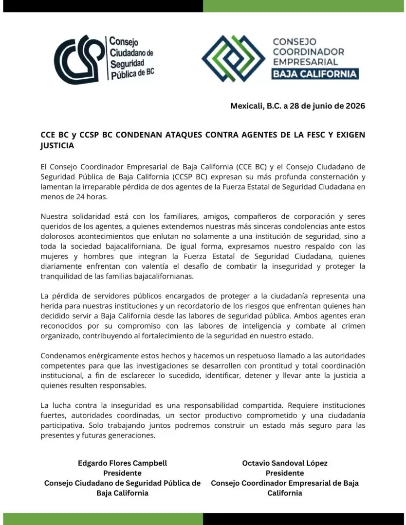 CCE BC y Consejo Ciudadano de Seguridad condenan ataques contra agentes de la FESC y piden esclarecer los hechos